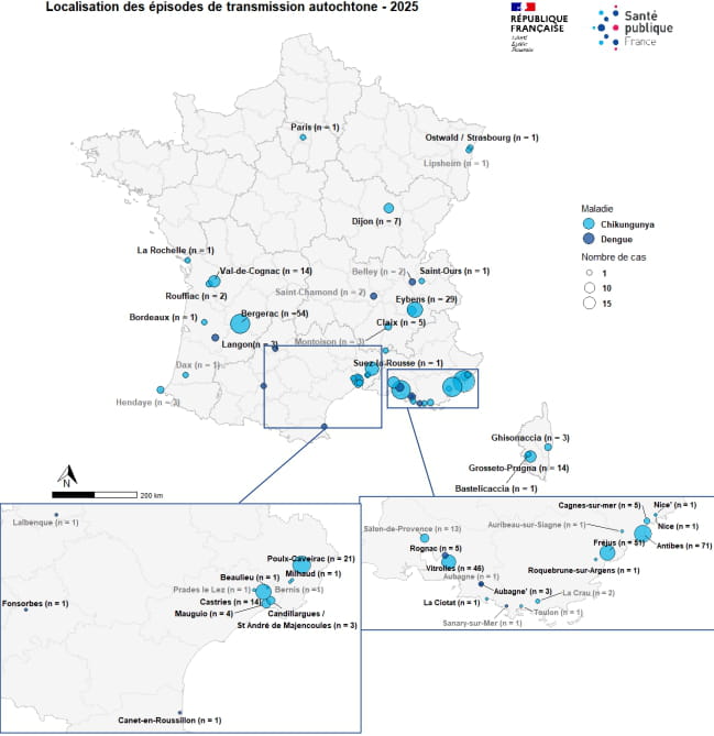 Santé publique France. Carte des épisodes de transmission autochtone de chikungunya et de dengue en France hexagonale, saison 2025, à la date du 10/09/2025.