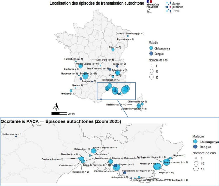 Saúde Pública da França. Mapa de episódios de transmissão autóctone de chikungunya e dengue na França continental, temporada de 2025, em 02/09/2025.