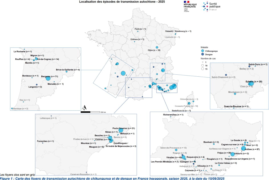 Santé publique France. Carte des épisodes de transmission autochtone de chikungunya et de dengue en France hexagonale, saison 2025, à la date du 10/09/2025.